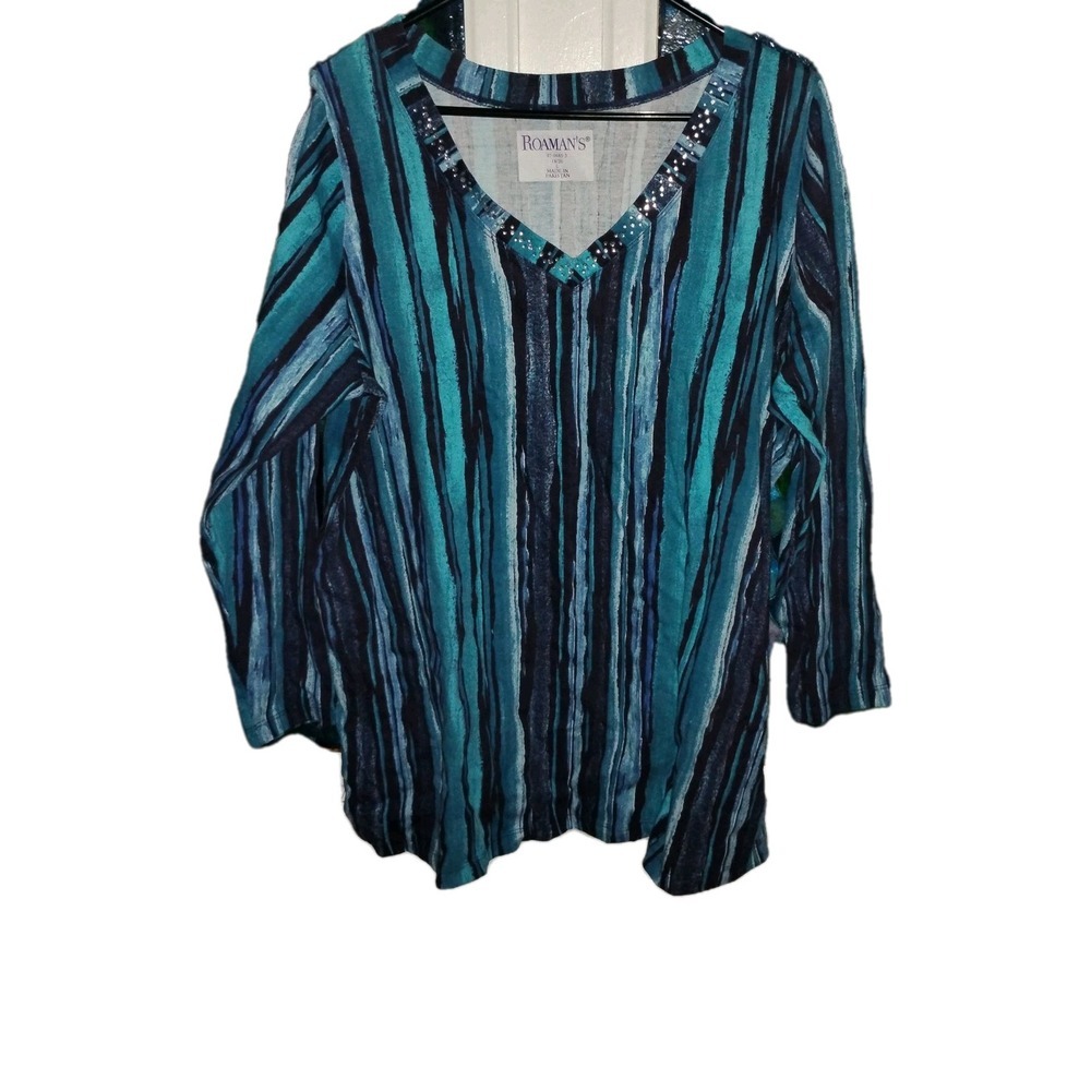 Roamans Womens Large 18/20 Shirt Turquoise Pullover Tunic Top Rhinestones V Neck